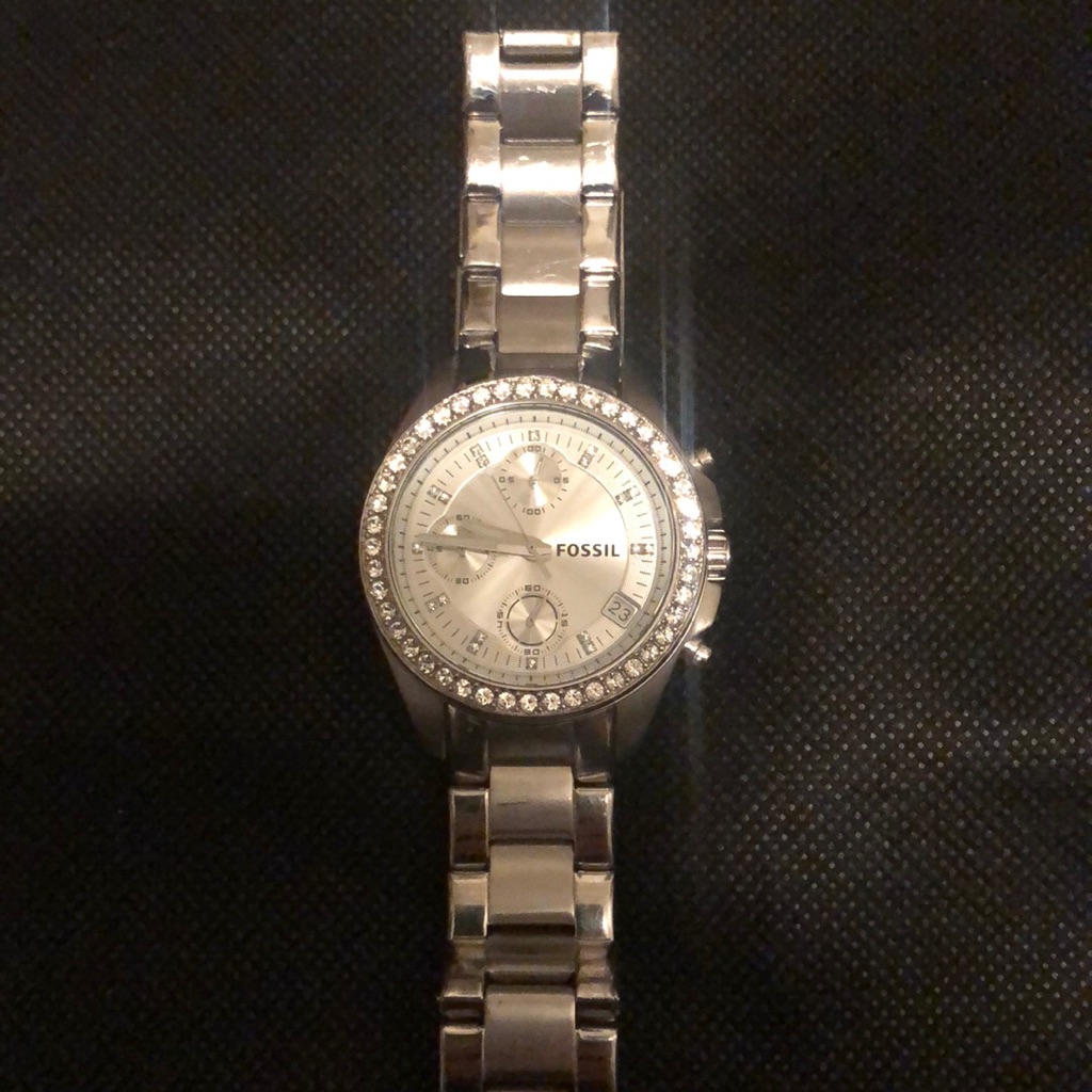 Fossil Stainless Steel Chronograph Watch With Diamond Bezel And Date